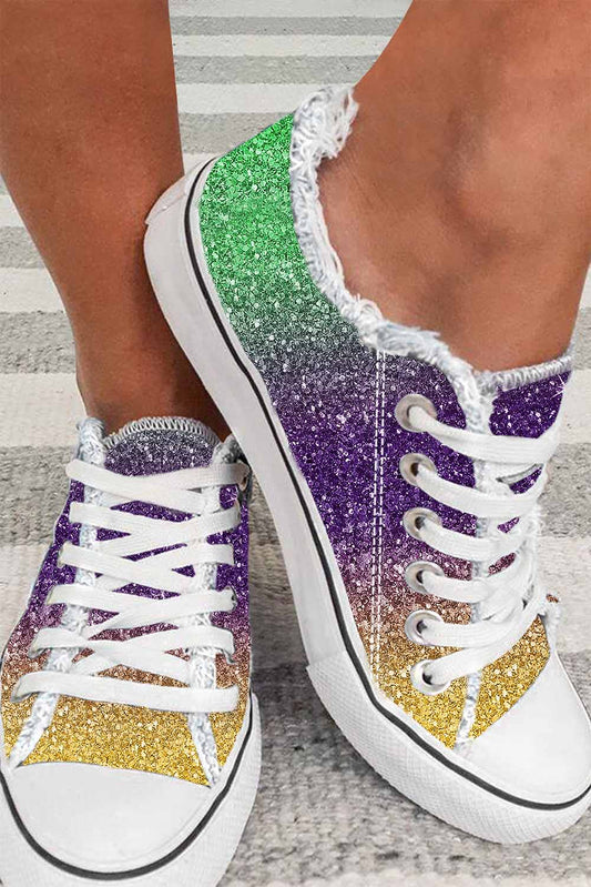 Chaussures Plates en Toile à Lacets et Ourlet Brut, Dégradé Multicolore Brillant