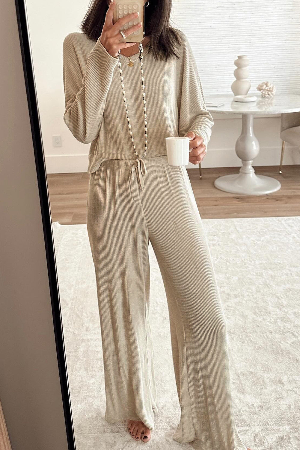 2pcs Jet Stream 3D Ribbed V Neck Pullover Drawstring Pants Lounge Set