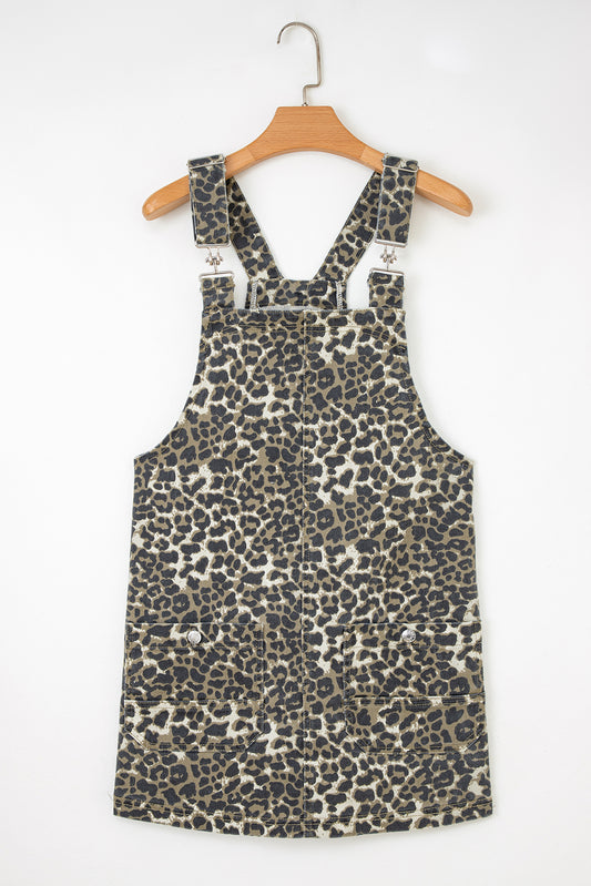 Robe salopette en jean ample imprimé léopard gris avec poches
