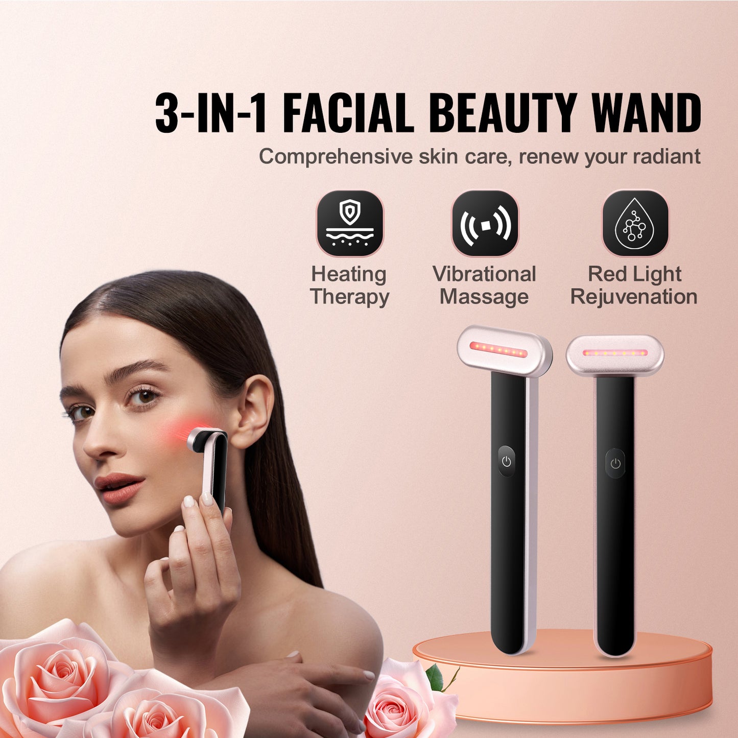 Baguette de beauté LED portable 3 en 1 pour le visage et le cou