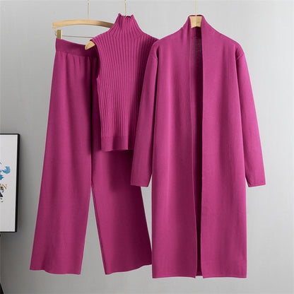 3pcs Women's Sleeveless Vest Sweater Long Cardigan And Wide-leg Pants Set