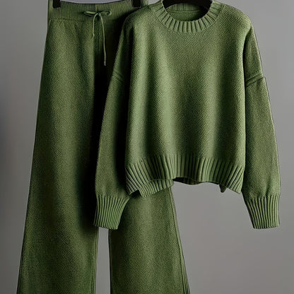 2pcs Women's Soft Casual Elegant Round Neck Sweater & Wide-Leg Pants Set
