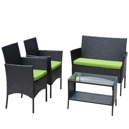 4 PCS Rattan Green Cushion Outdoor Patio Furniture Set