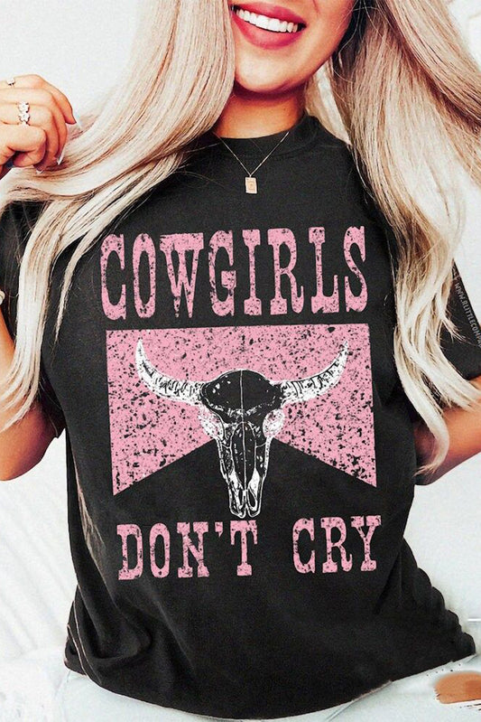 Haut à manches courtes avec imprimé tête de vache « Black COWGIRL DONT CRY »