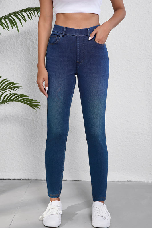 Jean Décontracté Ashleigh Blue en Tricot Extensible Délavé Coupe Droite à Multiples Poches