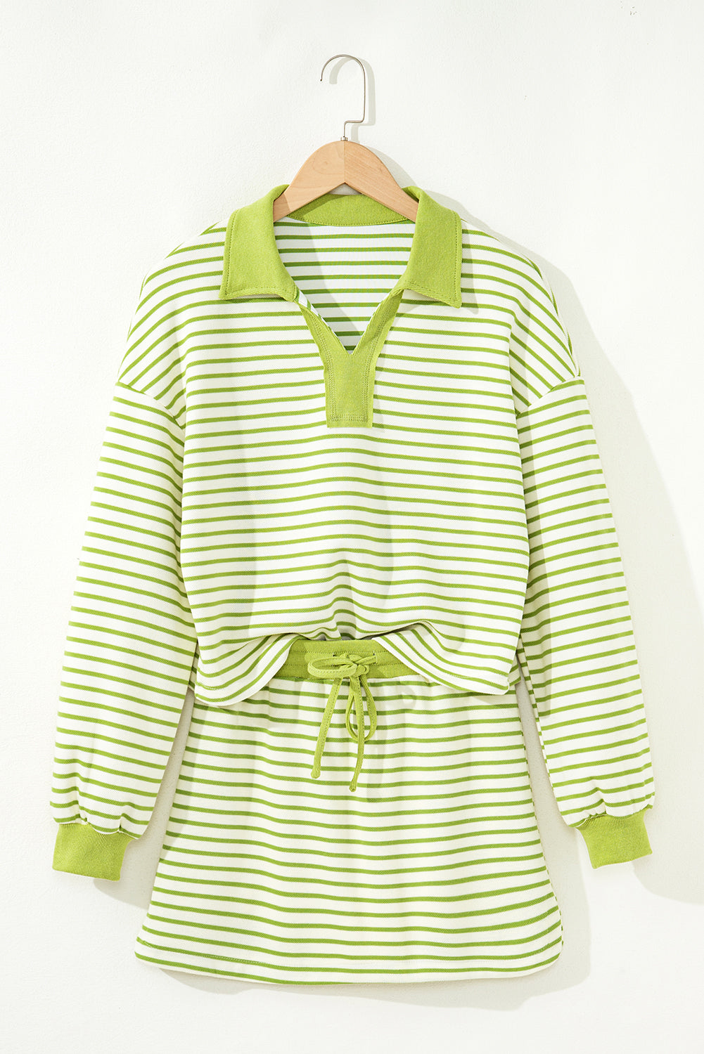2pcs Green Stripe Collared V Neck Drop Shoulder Pullover and Skort Outfit