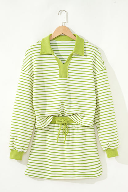 2pcs Green Stripe Collared V Neck Drop Shoulder Pullover and Skort Outfit