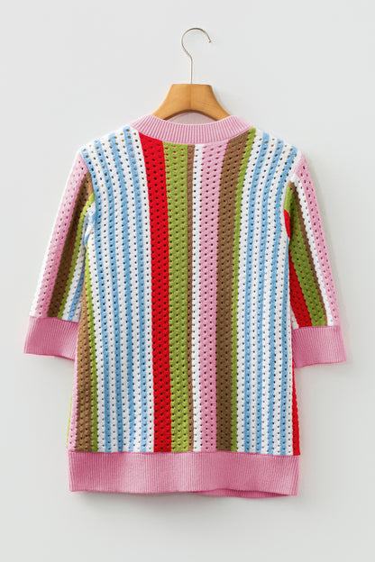Multicolor Striped Pointelle Knit Short Sleeve Sweater