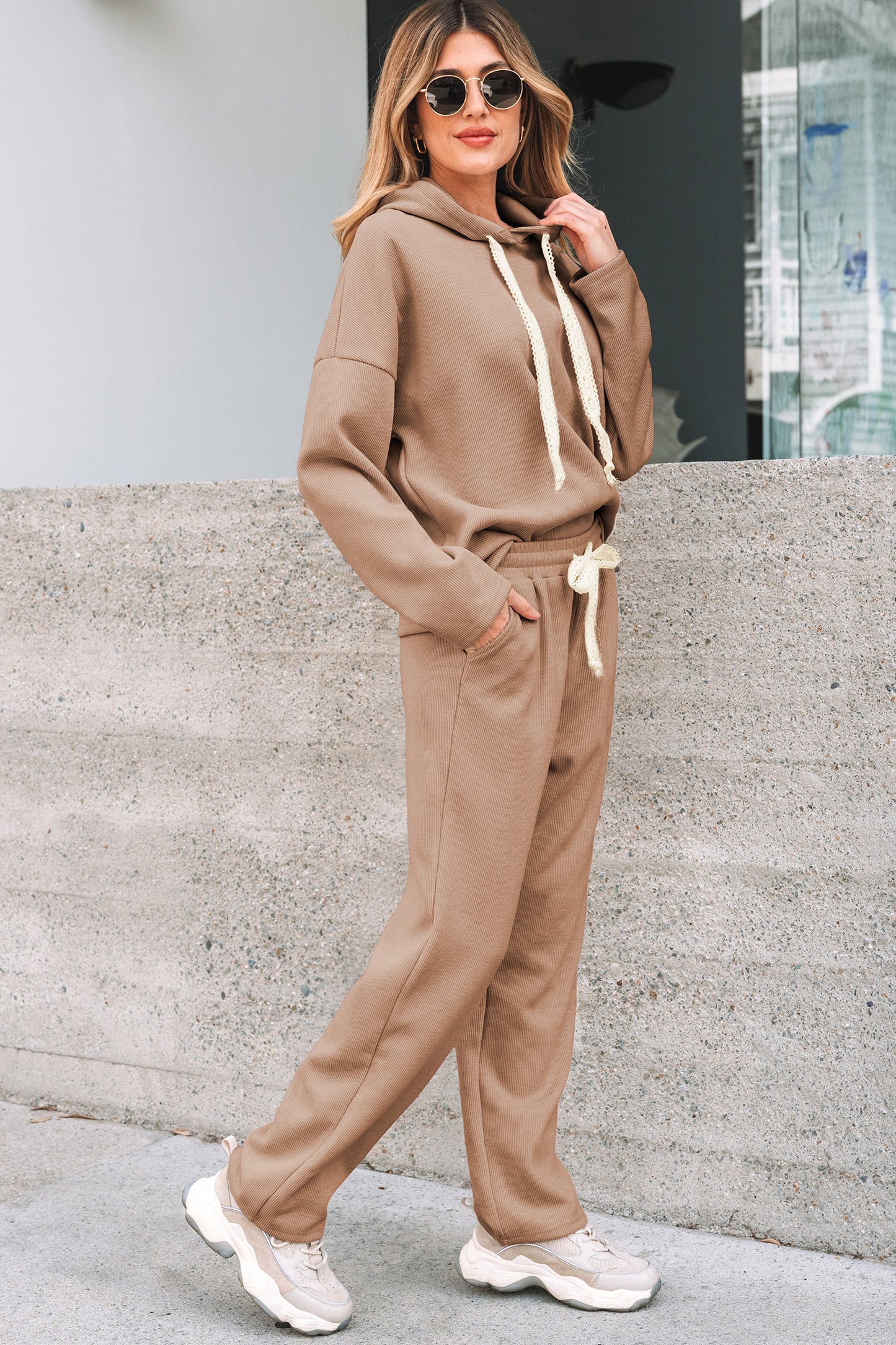 Casual Lace Drawstring Pullover Hoodie and High Waist Pants Corduroy Suit