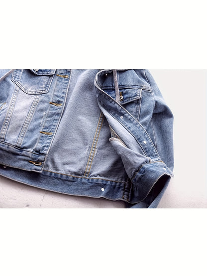 Women's Long Sleeve Denim Jacket with Removable Hood