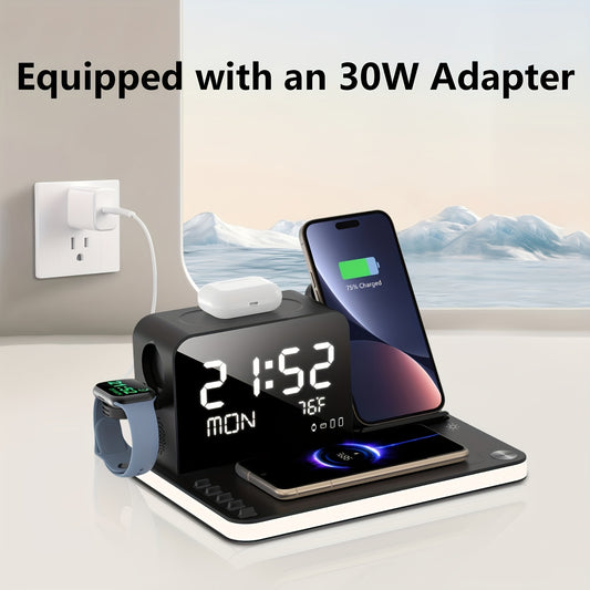 Station de charge sans fil double 7 en 1 pour téléphone avec veilleuse