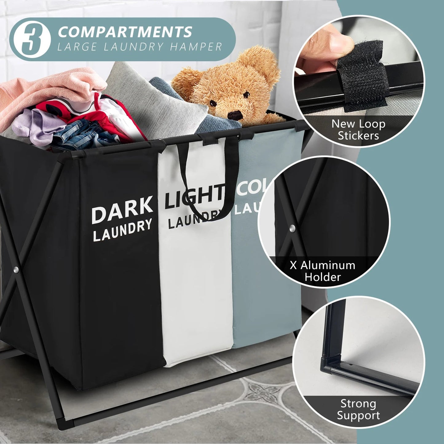 3 Sections Divided Laundry Basket Large Foldable Hamper