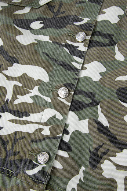 Green Camo Chest Pockets Loose Jean Jacket