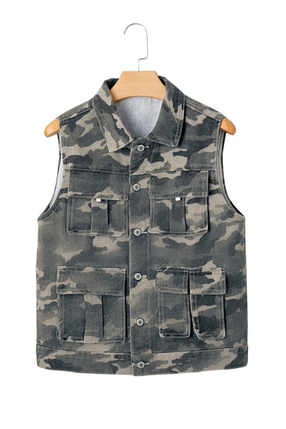 Gilet en jean treillis camouflage vert