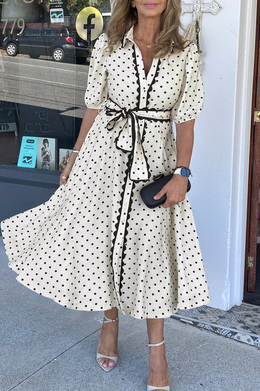 Robe Midi Imprimée à Pois Blancs et Contraste