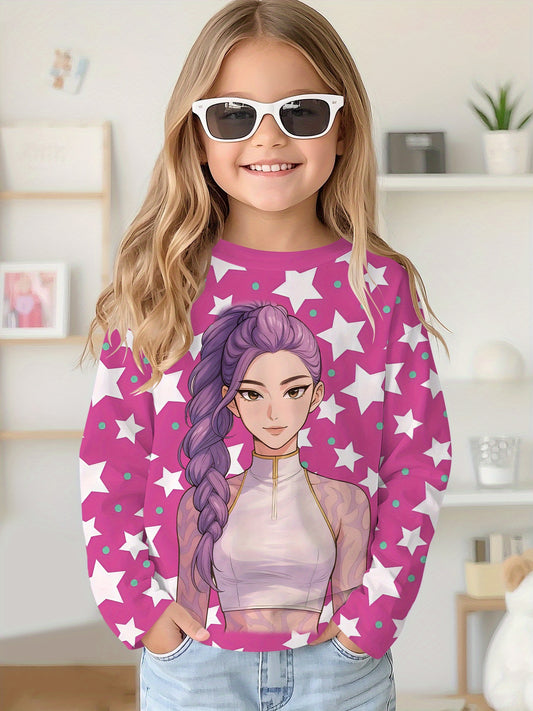 Girls' Purple Braided Hair & Star Print Long Sleeve T-Shirt