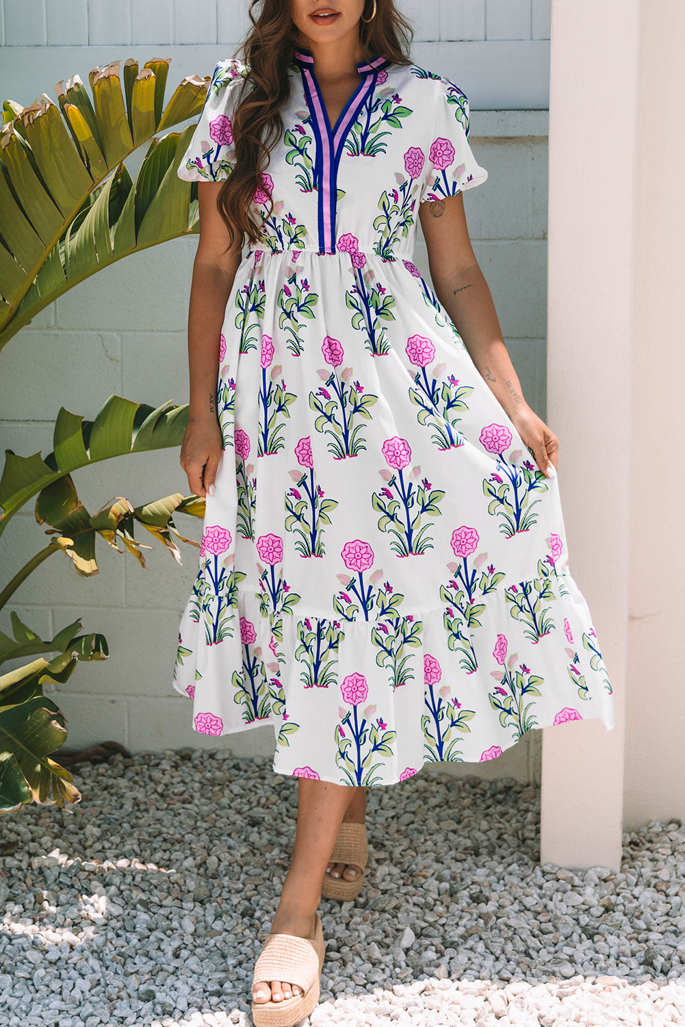 White Floral Puff Short Sleeve V Neck High Waist Maxi Dress