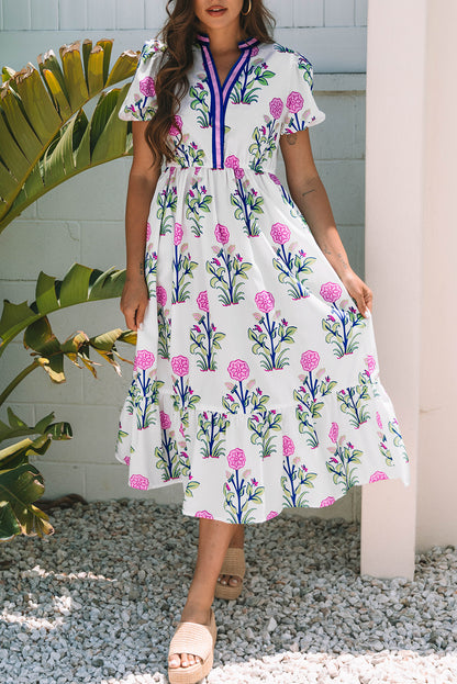 White Floral Puff Short Sleeve V Neck High Waist Maxi Dress