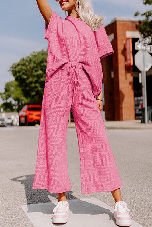 Ensemble T-shirt ample texturé rose fraise et pantalon à cordon de serrage
