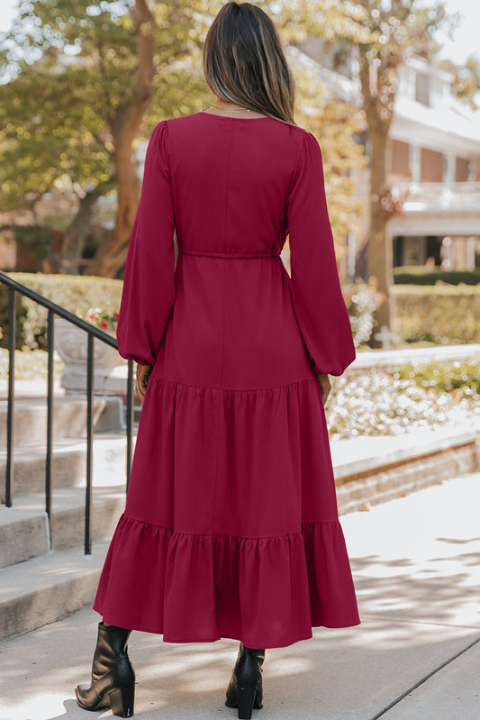 Robe longue trapèze à manches longues boutonnée au col en V, couleur bordeaux unie