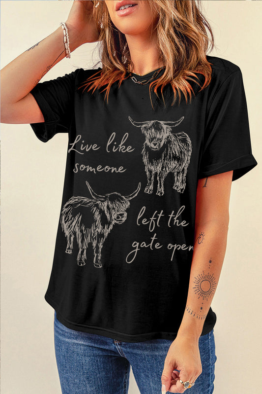 T-shirt décontracté à col rond imprimé vache western noir