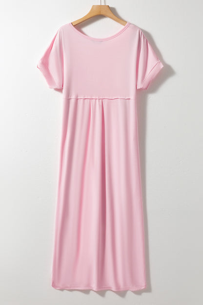 Pink V Neck Hidden Pocket Splits Maxi Dress
