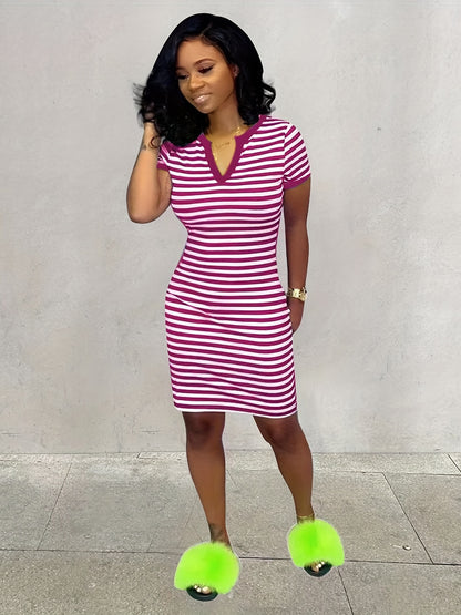 Women's Striped Bodycon Notched Neck Dress