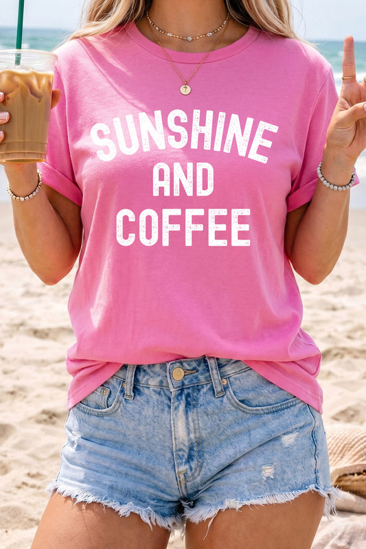 T-shirt graphique de plage SUNSHINE AND COFFEE rose pastel