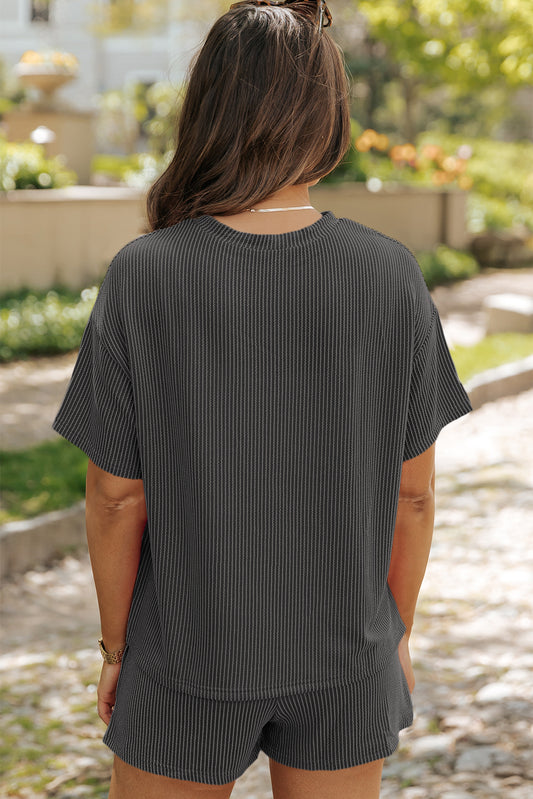 Ensemble t-shirt ample et short en tricot côtelé texturé gris anthracite