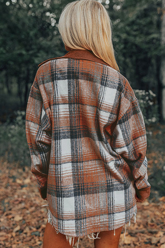 Shacket en velours côtelé patchwork à carreaux cannelle avec poche poitrine