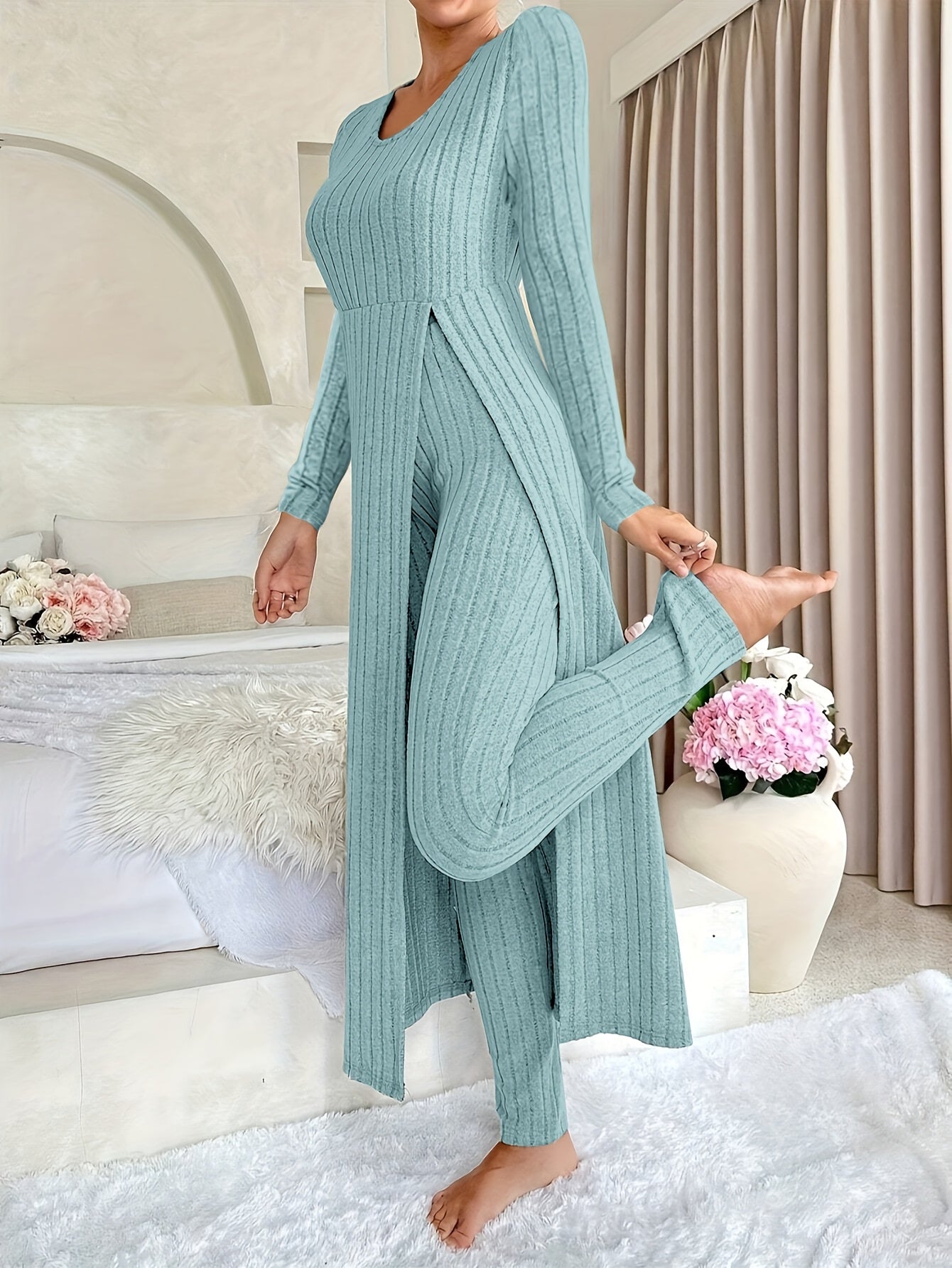 Ribbed Two-Piece  Long-Sleeved Top and Pants Set