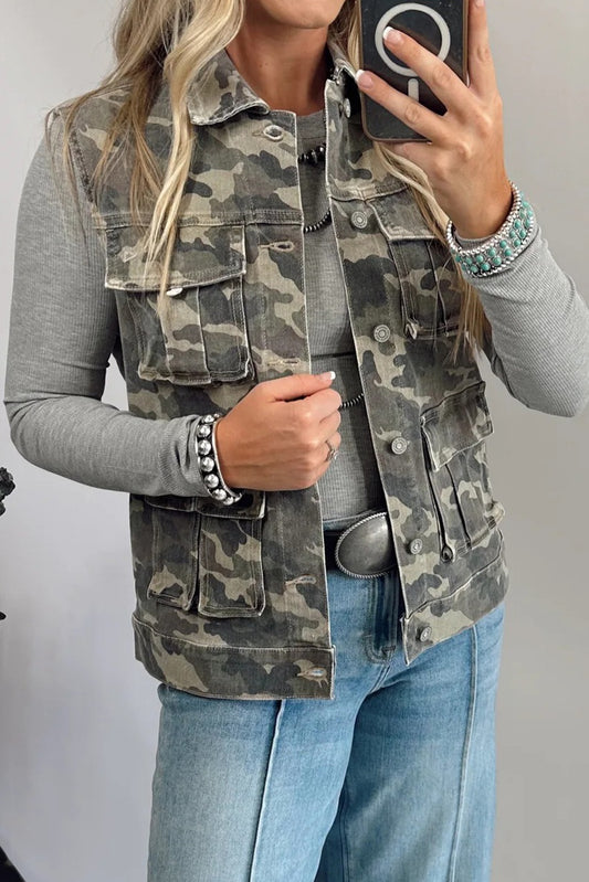 Gilet en jean treillis camouflage vert