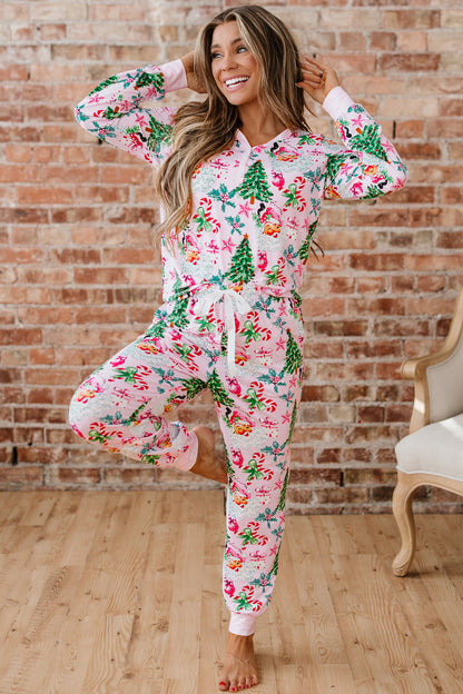 Pink Christmas Pattern Button V Neck Pullover Drawstring Pants 2pcs Lounge Set