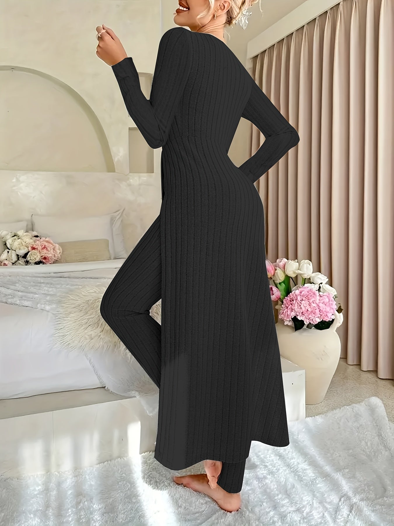 Ribbed Two-Piece  Long-Sleeved Top and Pants Set