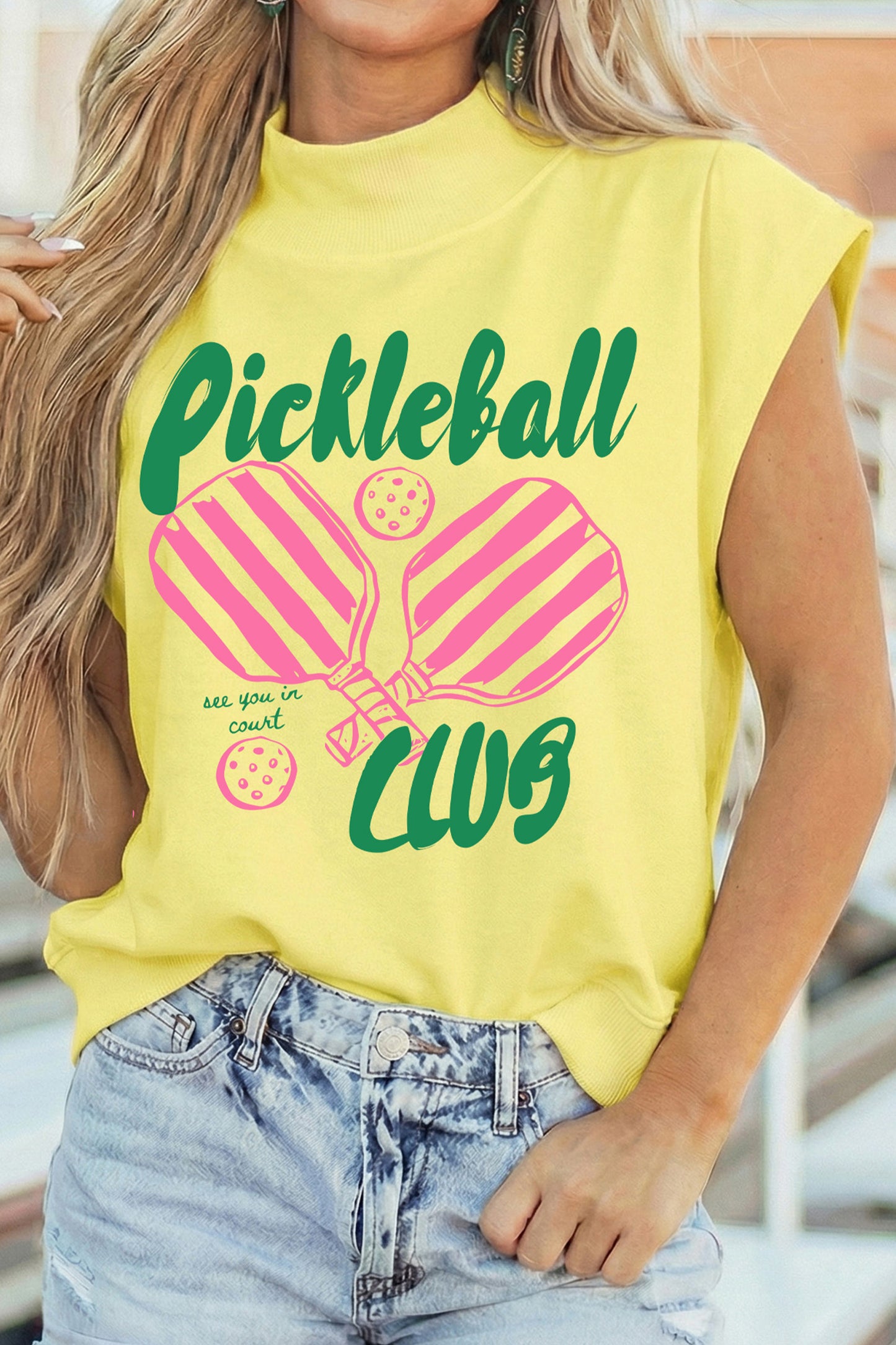 Haut à col montant imprimé Jour de match du club de pickleball jaune