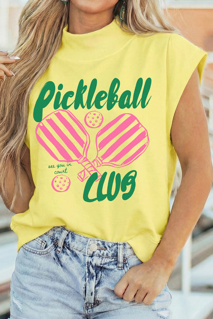 Haut à col montant imprimé Jour de match du club de pickleball jaune