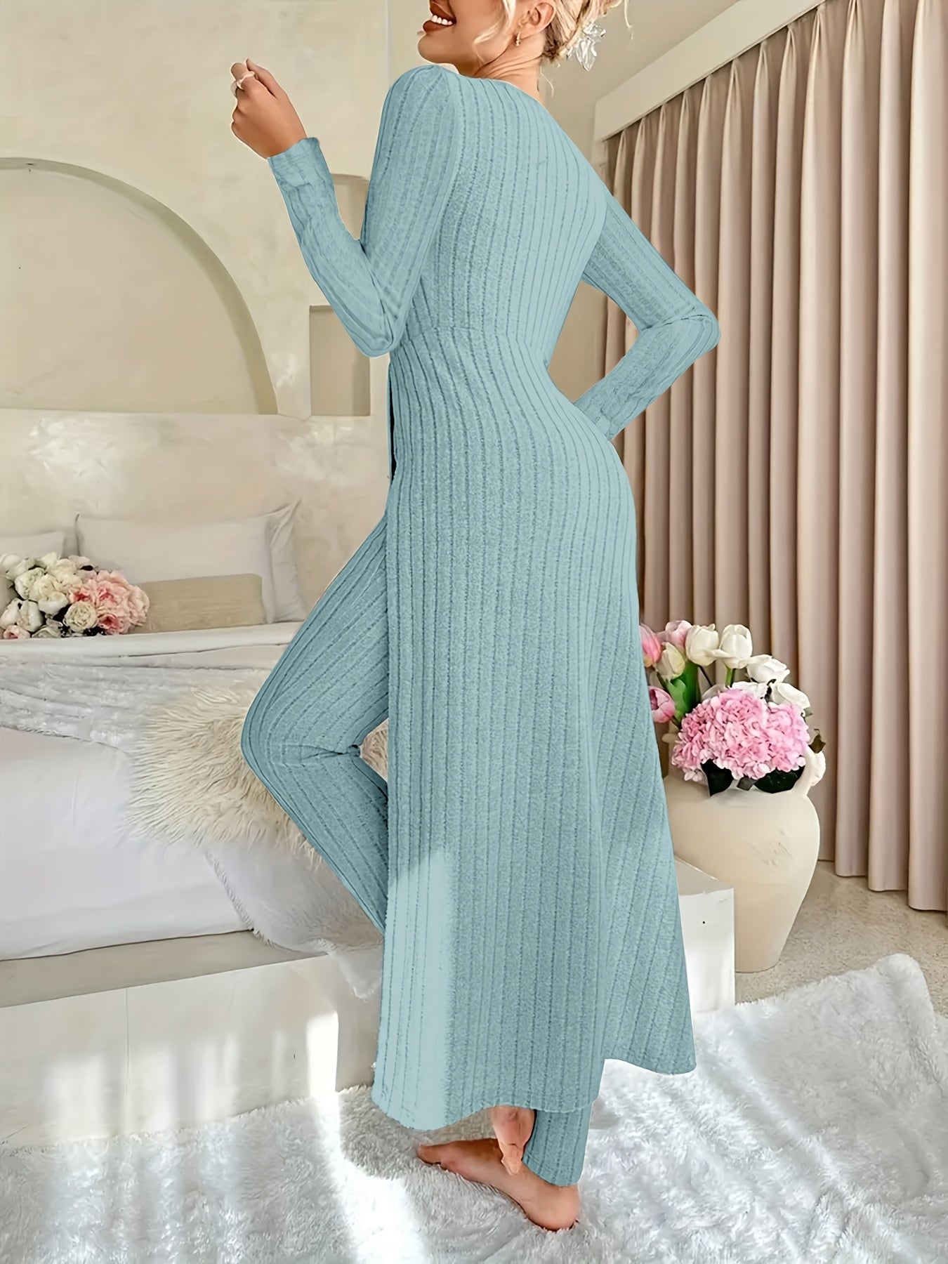 Ribbed Two-Piece  Long-Sleeved Top and Pants Set