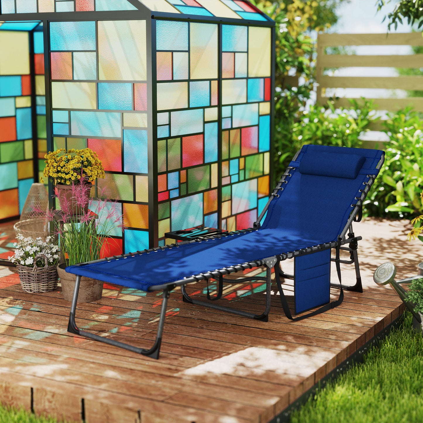 Outdoor Telescopic Folding Chair With 5-Level Adjustable Back, Side Table, Pillow, Pocket, Dark Blue