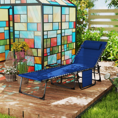 Outdoor Telescopic Folding Chair With 5-Level Adjustable Back, Side Table, Pillow, Pocket, Dark Blue