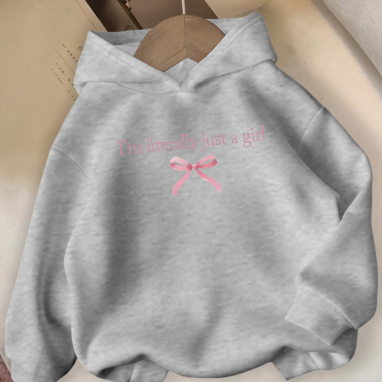 Girls' Autumn/Winter Hooded Sweatshirt  with "I'm Literally Just a Girl" Print & Pink Bow