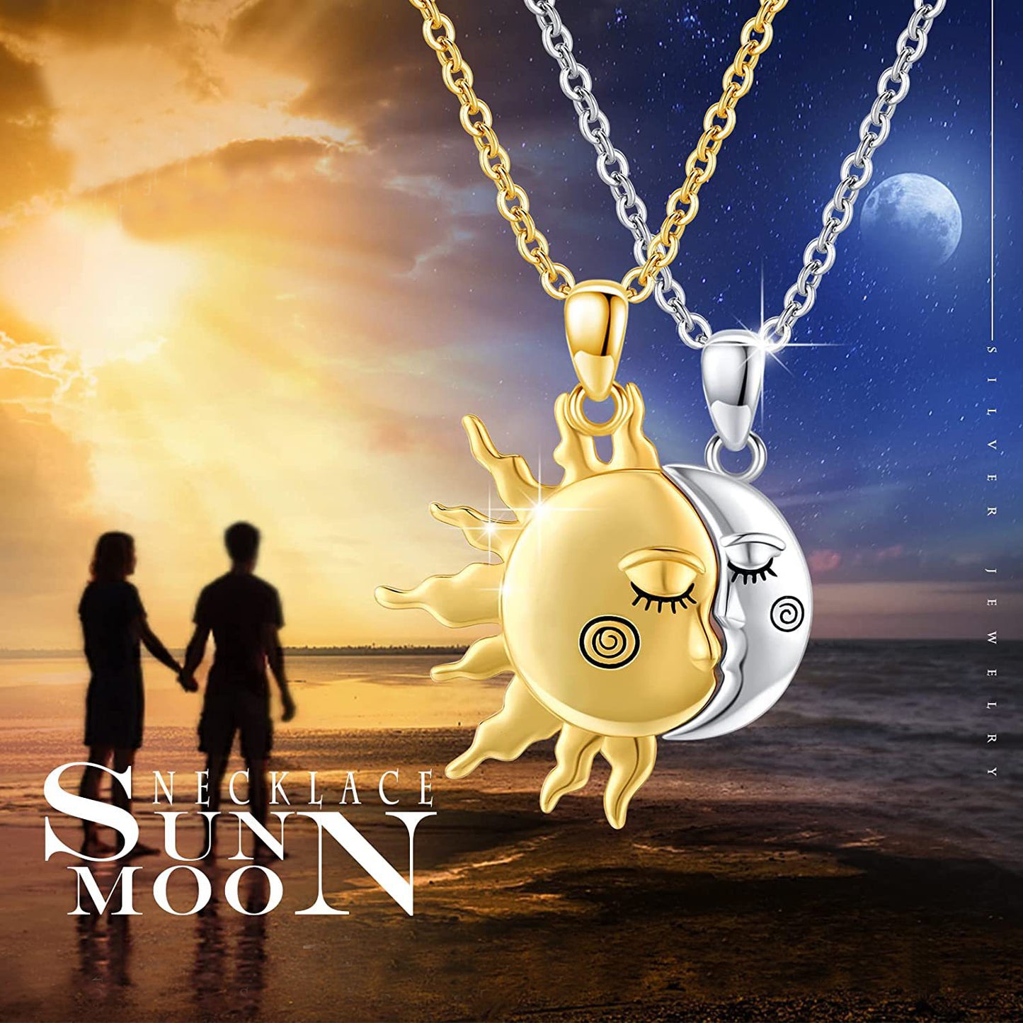 Collier Pendentif Couple Soleil et Étoile Magnétique en Or 18 carats
