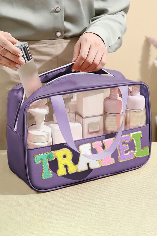 Trousse de maquillage transparente en PVC avec lettres en chenille violettes TRAVEL