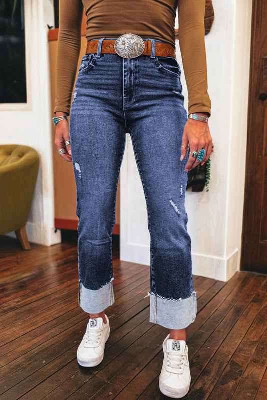 Jean droit taille haute délavé avec revers repliés Real Teal