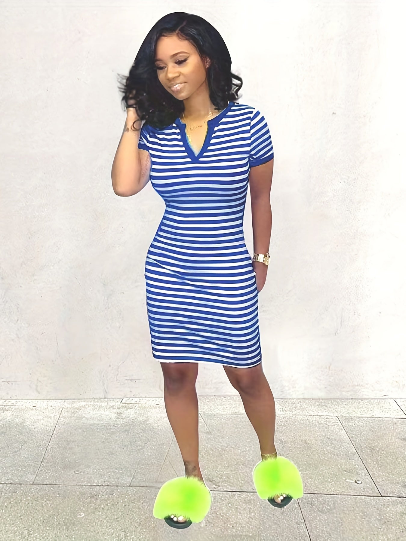 Women's Striped Bodycon Notched Neck Dress