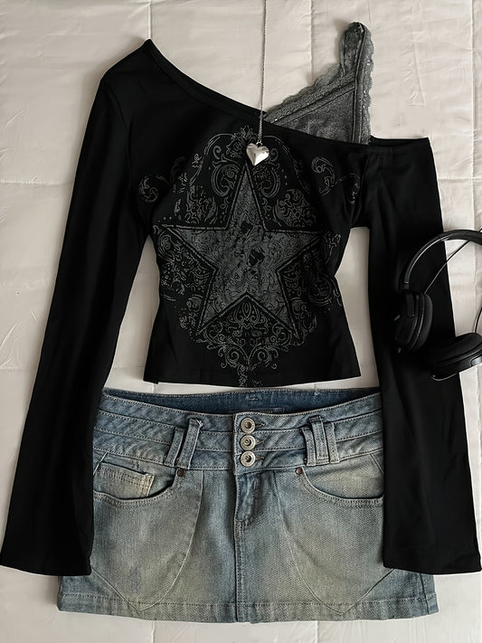 Y2K Off-Shoulder Long Sleeve T-Shirt with Sun,Moon and Stars