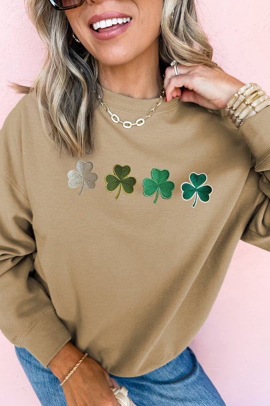 Sweat-shirt pull kaki avec motif trèfle brodé Saint Patrick