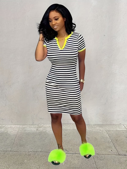 Women's Striped Bodycon Notched Neck Dress