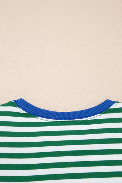 Green Stripe Drop Shoulder Boxy Casual Terry Short Set