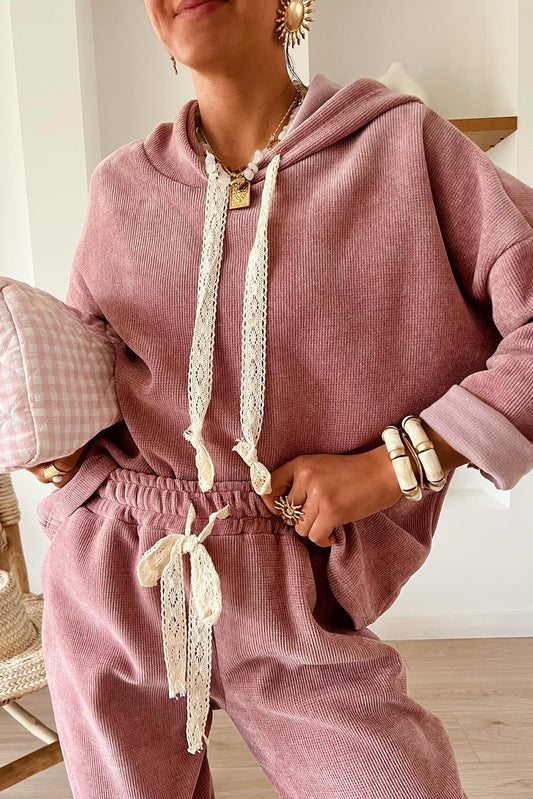 Ensemble Rose en Velours Côtelé : Sweat à Capuche Court avec Cordon de Serrage et Pantalon Taille Haute