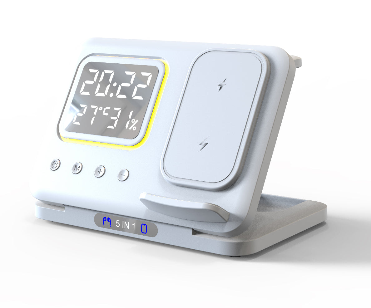 5 in 1 Fast Charging Wireless Charging Stand with LED Digital Alarm Clock